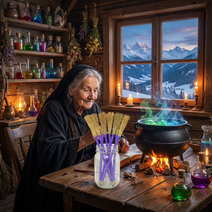 Bruja haciendo pócimas con los lapiceros escoba en un frasco de cristal