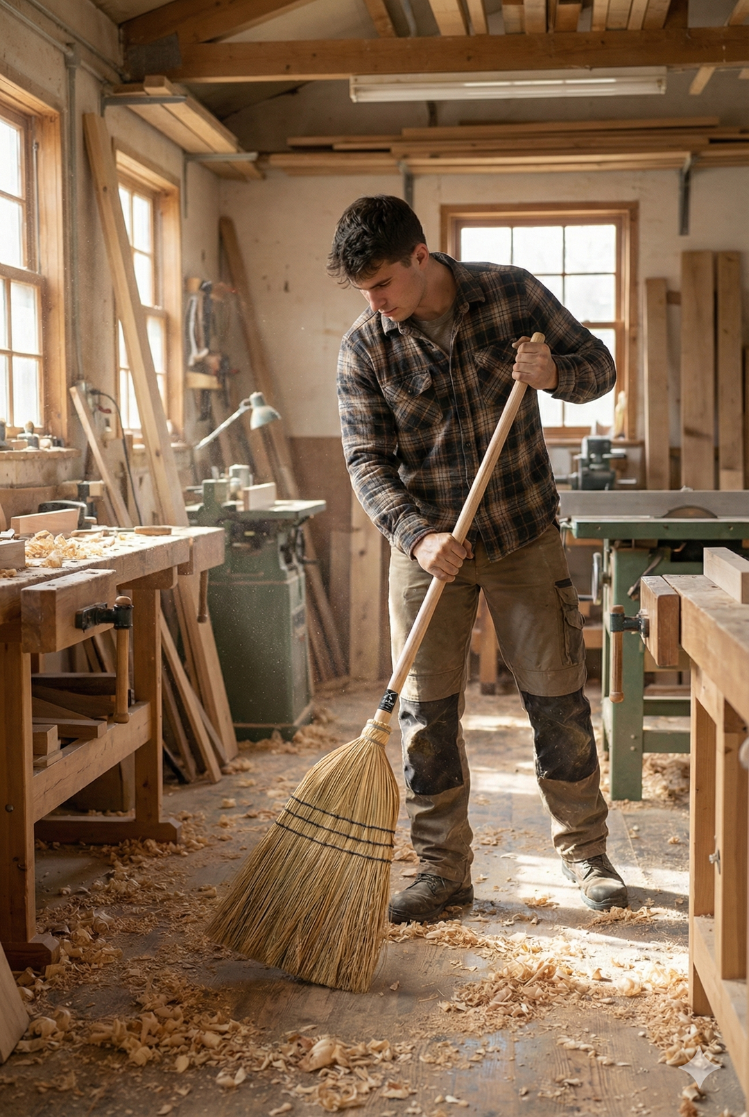 El carpintero barre el serrin y viruta de madera, con una escoba artesana de paja de mijo, y le facilita la limpieza cada dia
