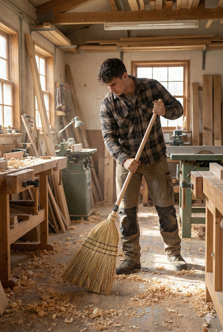 El carpintero barre el serrin y viruta de madera, con una escoba artesana de paja de mijo, y le facilita la limpieza cada dia