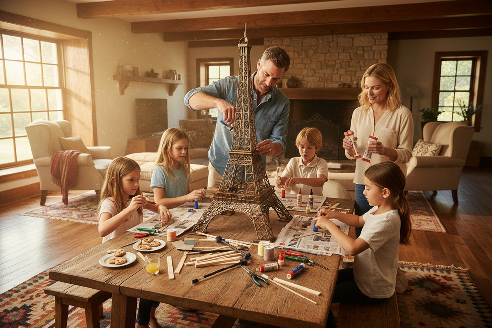 una familia hace manualidades en el salo nde casa, un salon sencillo de familia francesa. tienen sobre la mesa una maqueta de la torre effiel. lo palitos son cuadrados de 25 cm, unos los pintan de color bronce, otros los lijan, el padre va colocandolos, la madre abre los botes de pegamento, tienen tijeras y otros utensilios en la mesa, hilso de color, pinturas. 